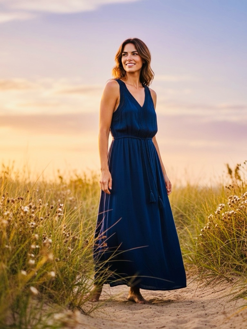 V-Neck Navy Sleeveless Maxi Dress with Tassel Waist